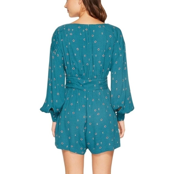 Free People Love Grows Teal Blue Micro Floral Pleated Front Jumpsuit Romper - Picture 3 of 12